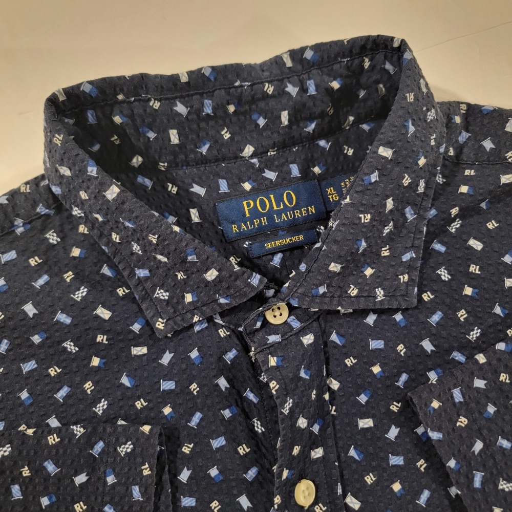 Polo‎ Ralph Lauren Seersucker Shirt Mens XL Blue All Over Print AOP RL Flags SS